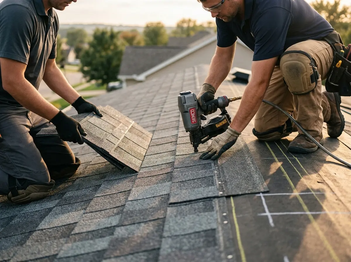 Professional roofer working on a residential roof in Rialto
